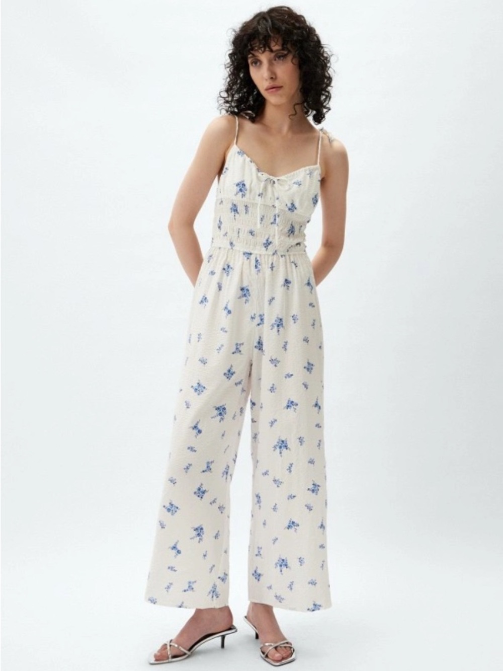 H&M Cottagecore Floral White Wide Leg Jumpsuit Size M